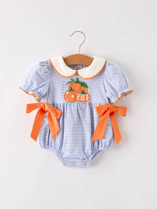 Fall Lapel Stripe Pumpkin Applique Bow Girls Bubble