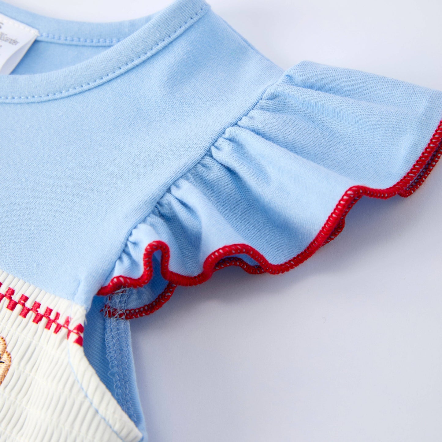 Girls Baseball Embroidery Smocked Blue Dress