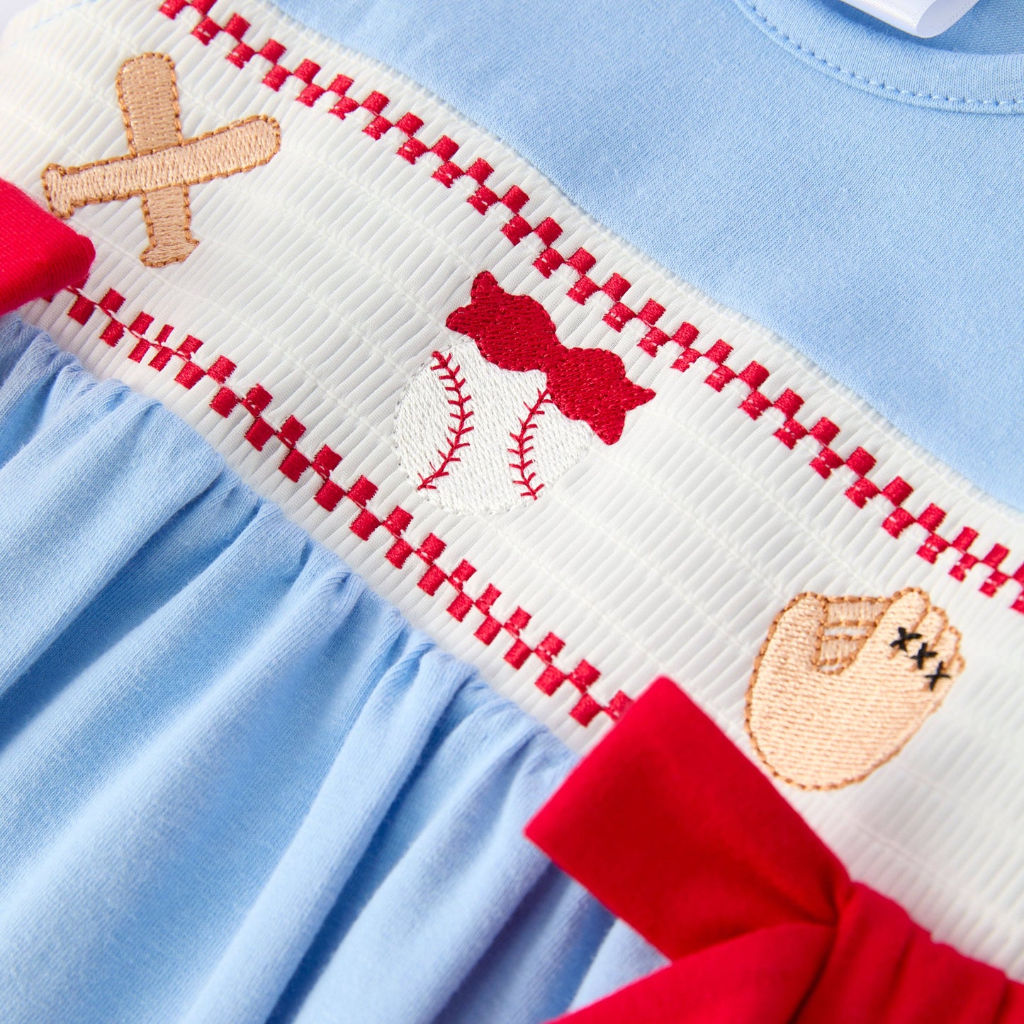 Girls Baby Summer Baseball Smocked Embroidery Blue Romper