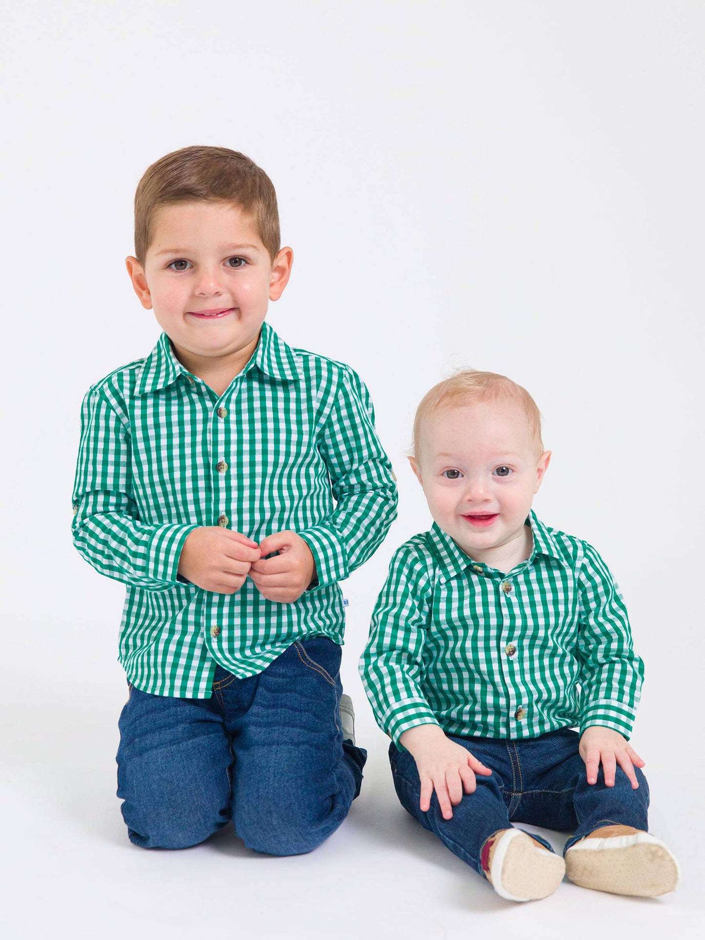 Boys Christmas Classic Emerald Green Gingham Long Sleeve Button Down Shirt
