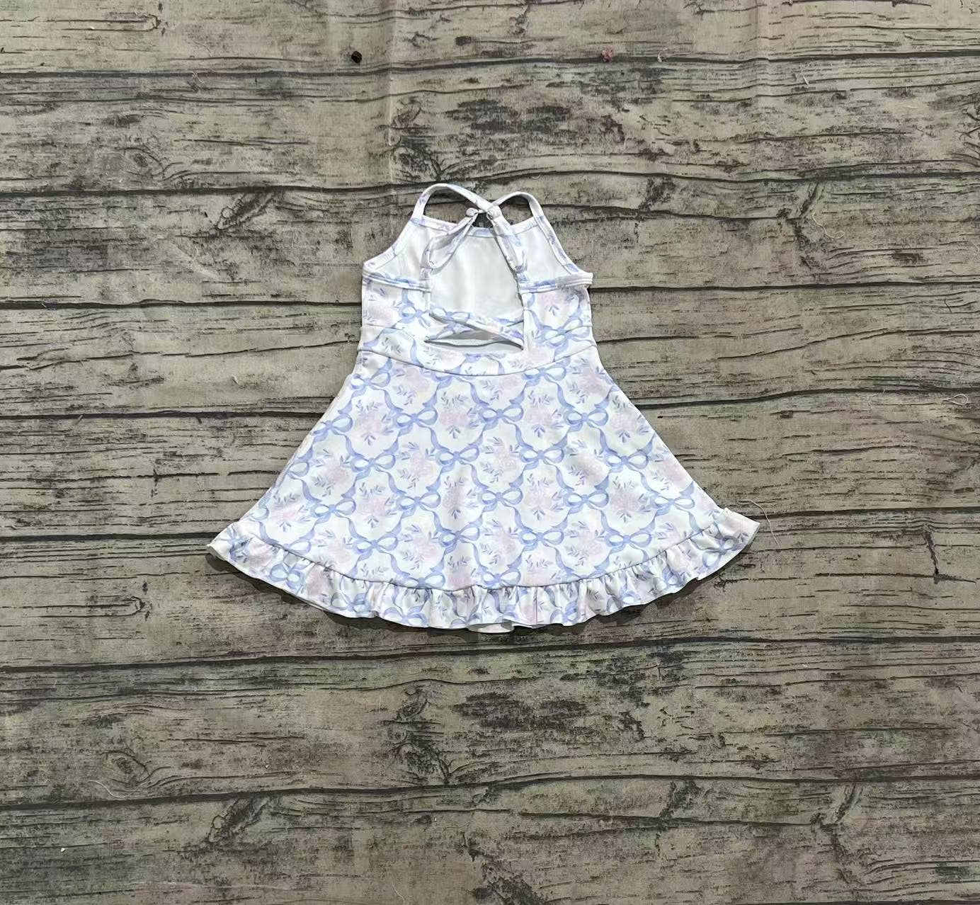 Baby Girls Strap Blue Bows Floral Yoga Ruffle Athletic Dresses