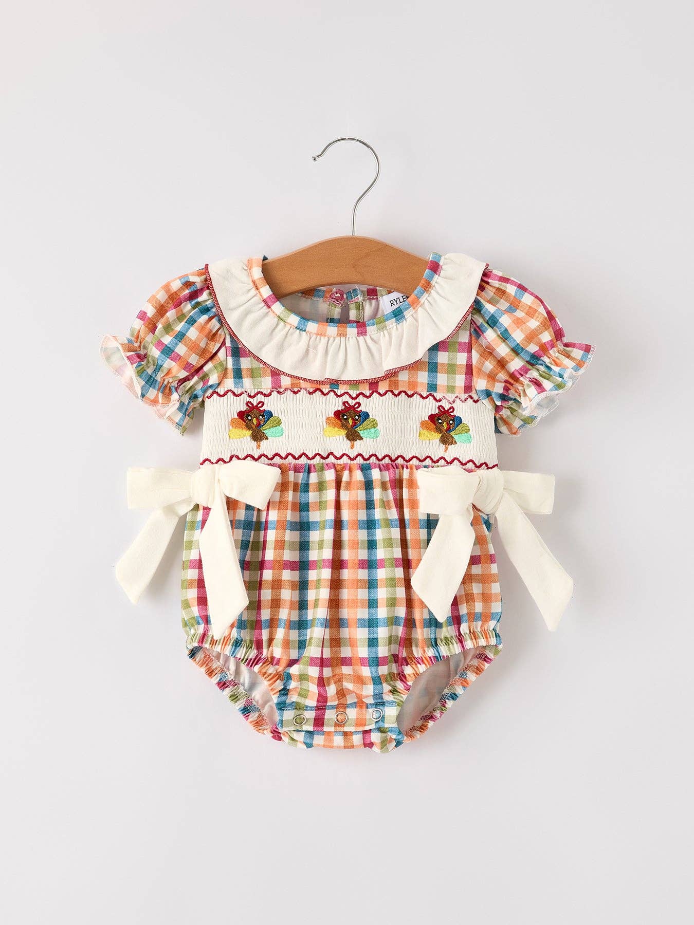 Turkey Plaid Embroidery Smocking Girls Bubble