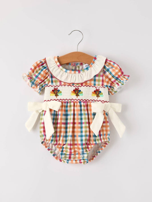 Turkey Plaid Embroidery Smocking Girls Bubble