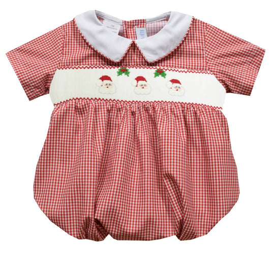 Santa Faces Smocked Gingham Short Sleeve Boys Bubble