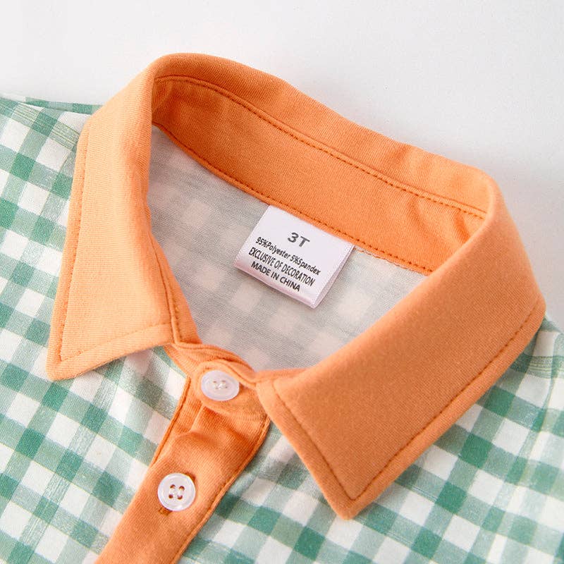 Boys Halloween Green Plaid Yellow Pumpkin Applique Shirt