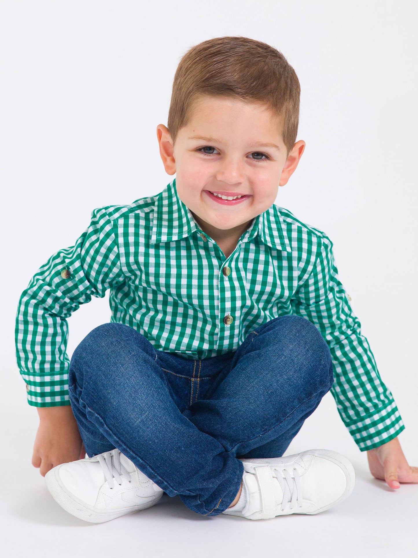 Boys Christmas Classic Emerald Green Gingham Long Sleeve Button Down Shirt