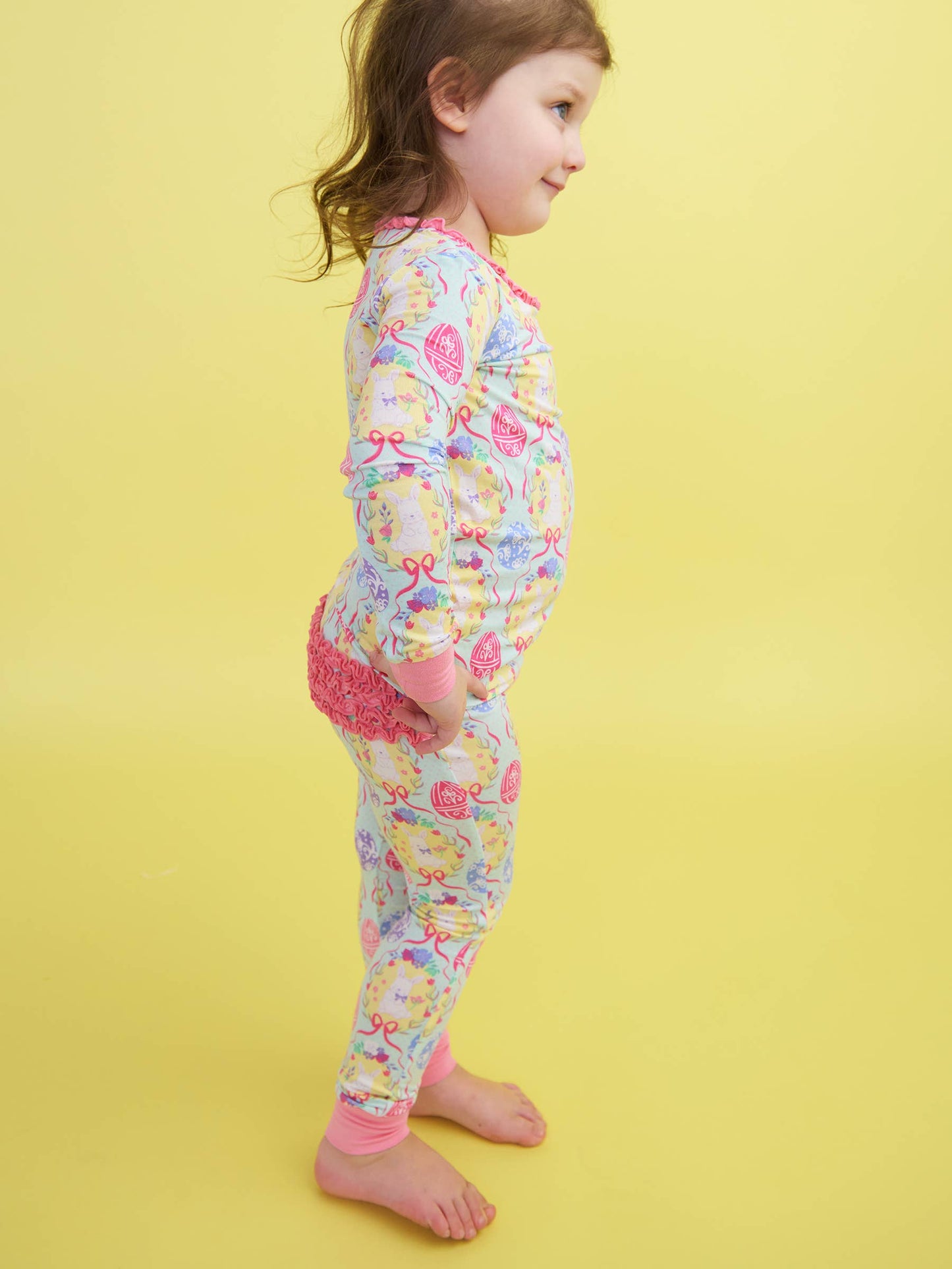 SoftSnooze™ Toddler Girls Bamboo Viscose Bunnies in Bloom Ruffle Long Sleeve Pajama Set with Signature Rear Ruffles