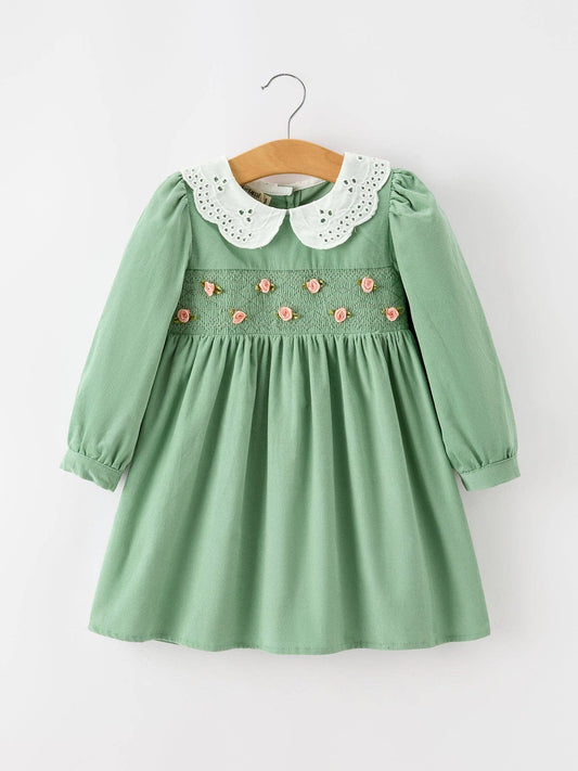 Girls Sage Green Smocked Rose Long Sleeve Dress